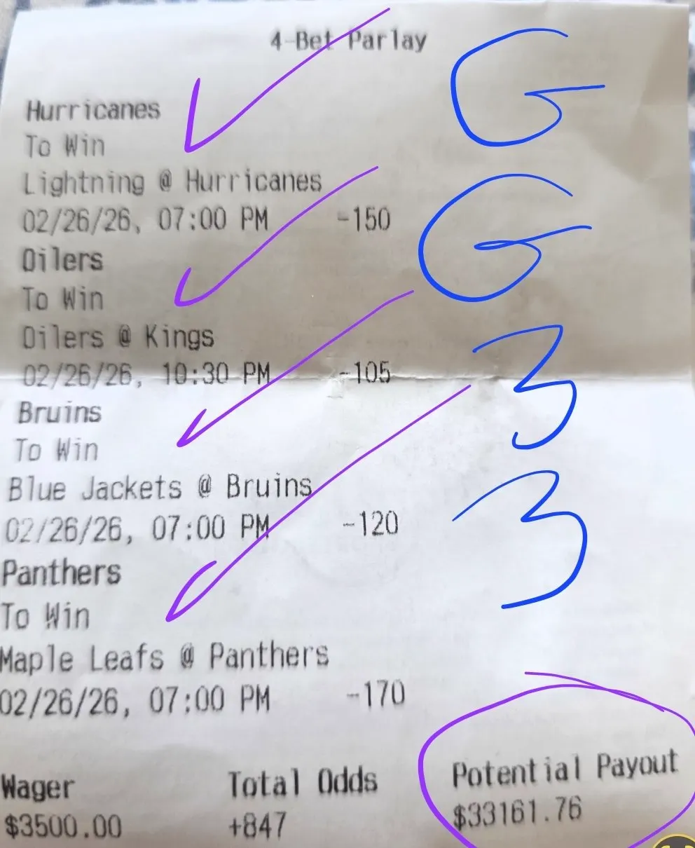 Marked four-leg parlay ticket with circled potential payout