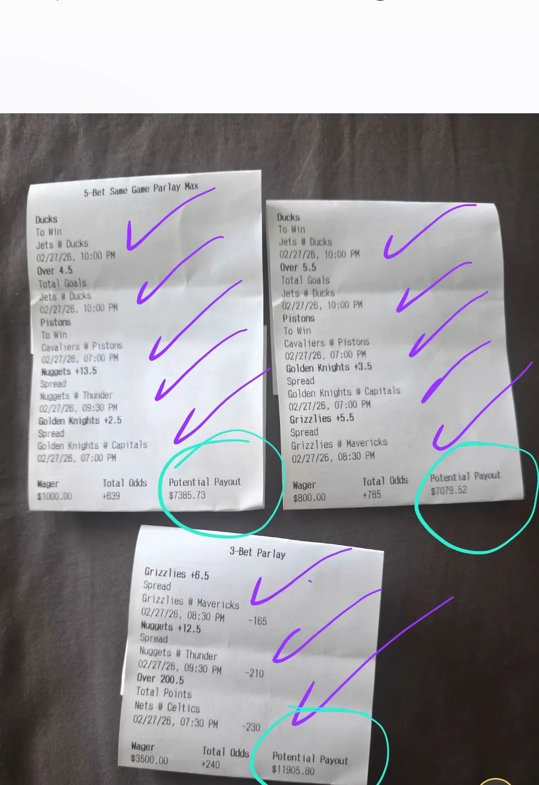 Three marked sports tickets with circled payout amounts