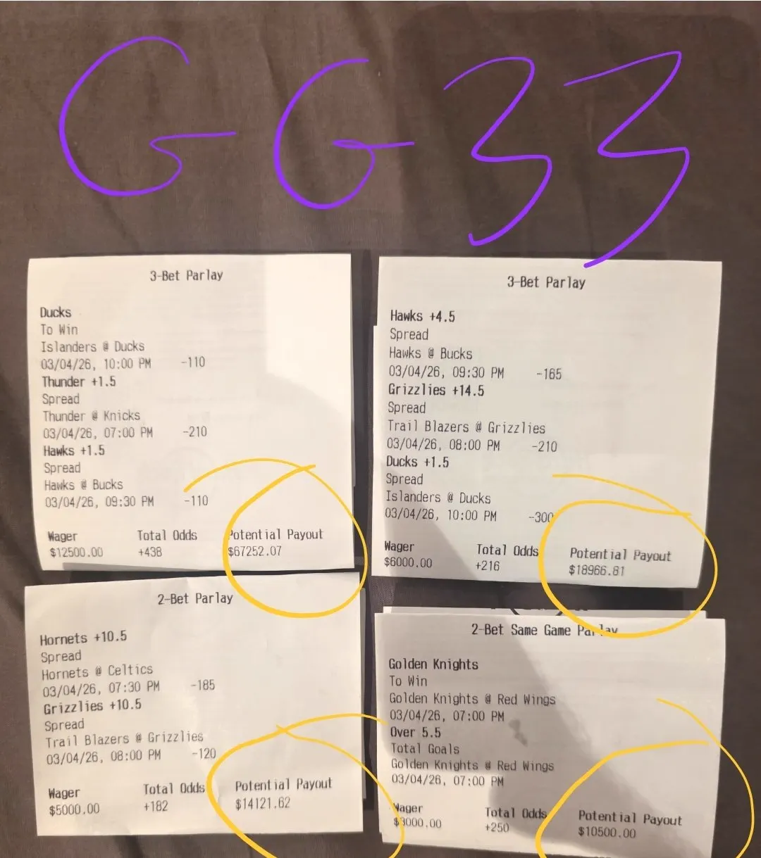 Four marked parlay tickets with yellow circled payout totals