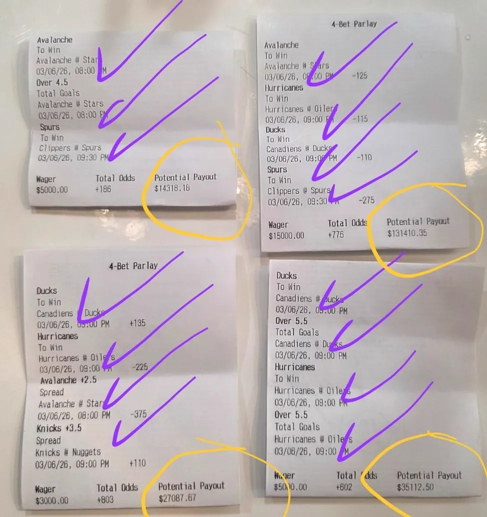 Four marked parlay tickets with circled payout amounts