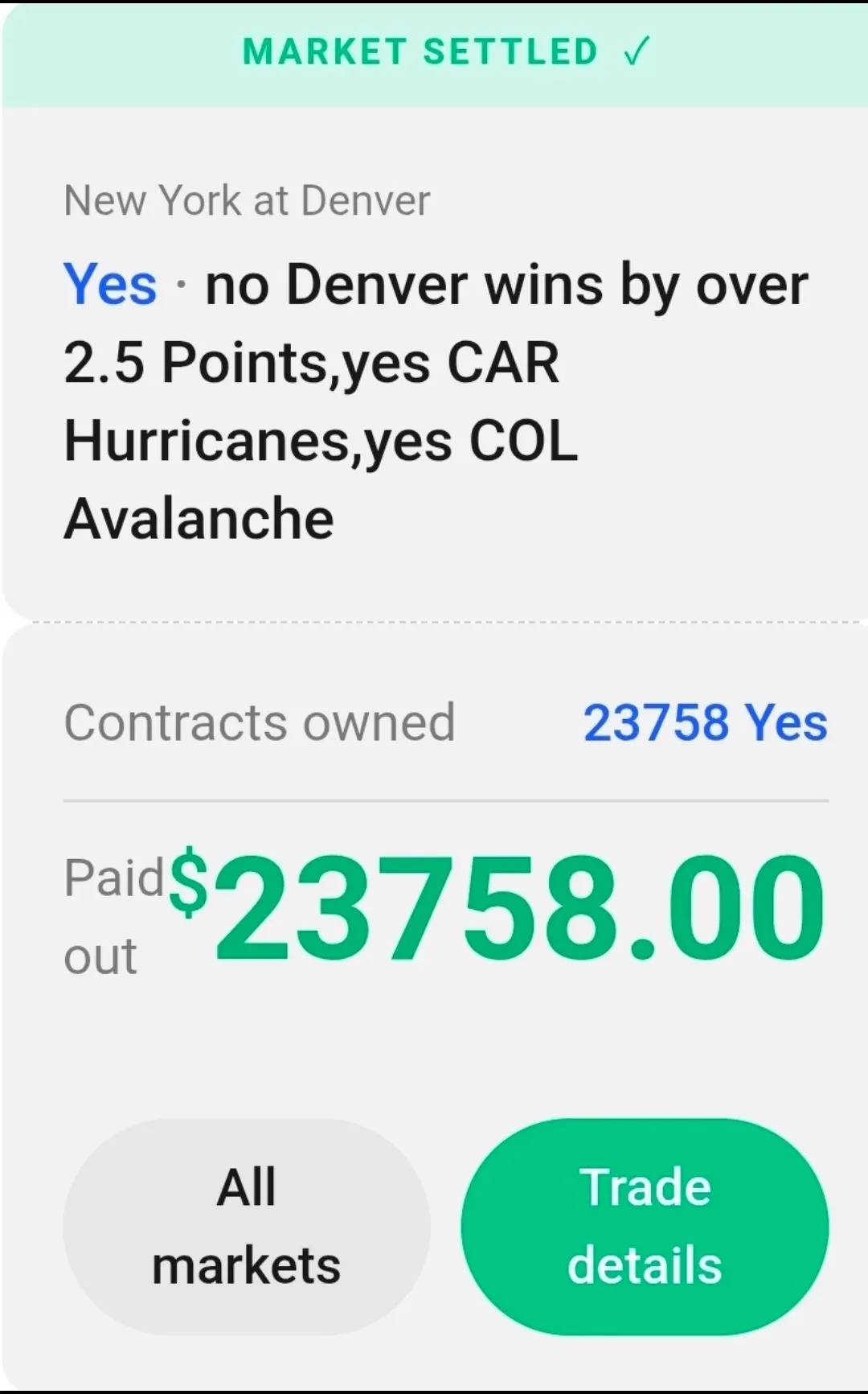 Kalshi settled market payout screenshot
