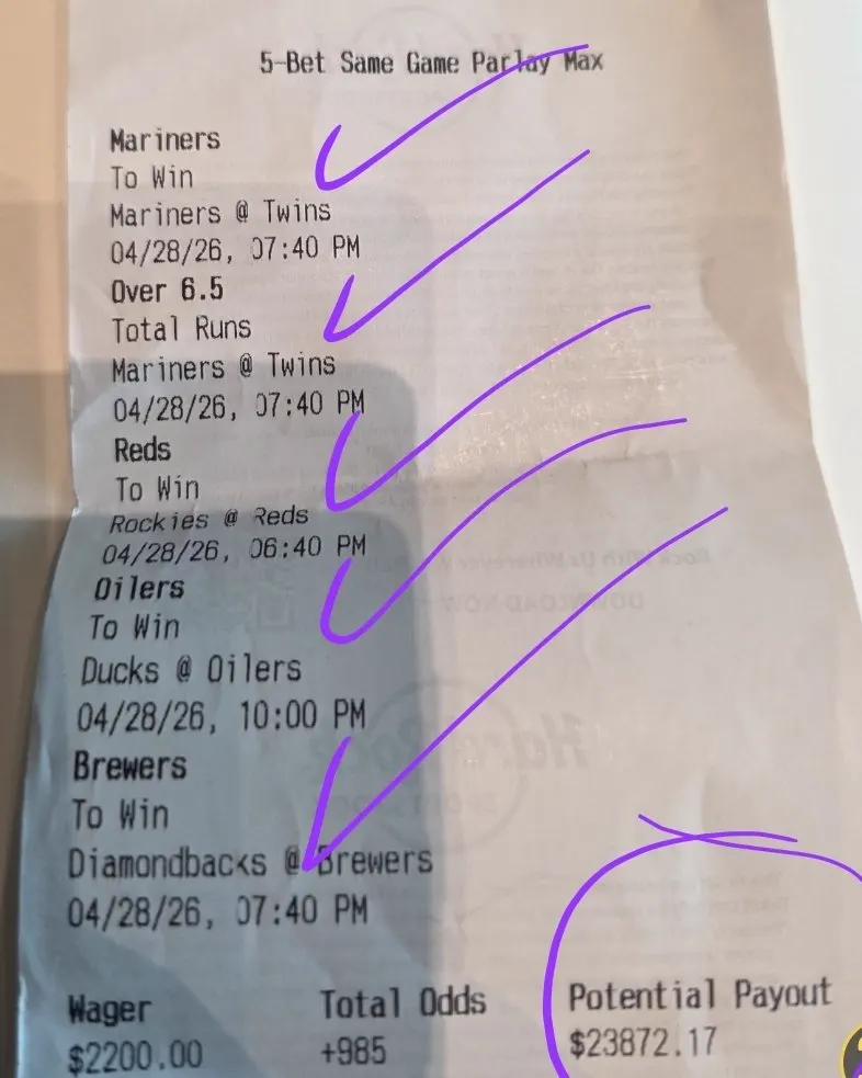 Marked five-bet same-game parlay ticket with circled payout