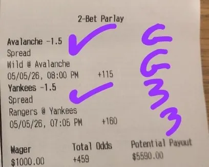 Marked two-bet parlay ticket with circled potential payout