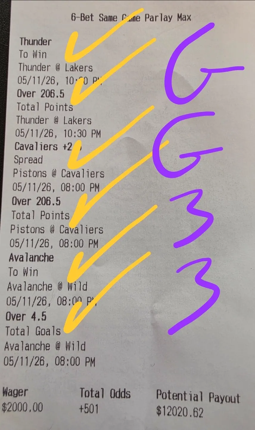 Marked six-bet same-game parlay ticket with circled payout