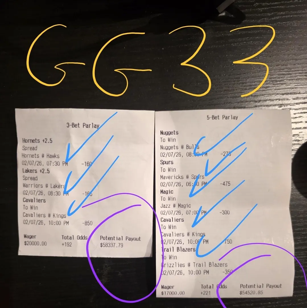 Two parlay tickets photographed together, $58,337.79 and $54,520.85, combined $112,858.64