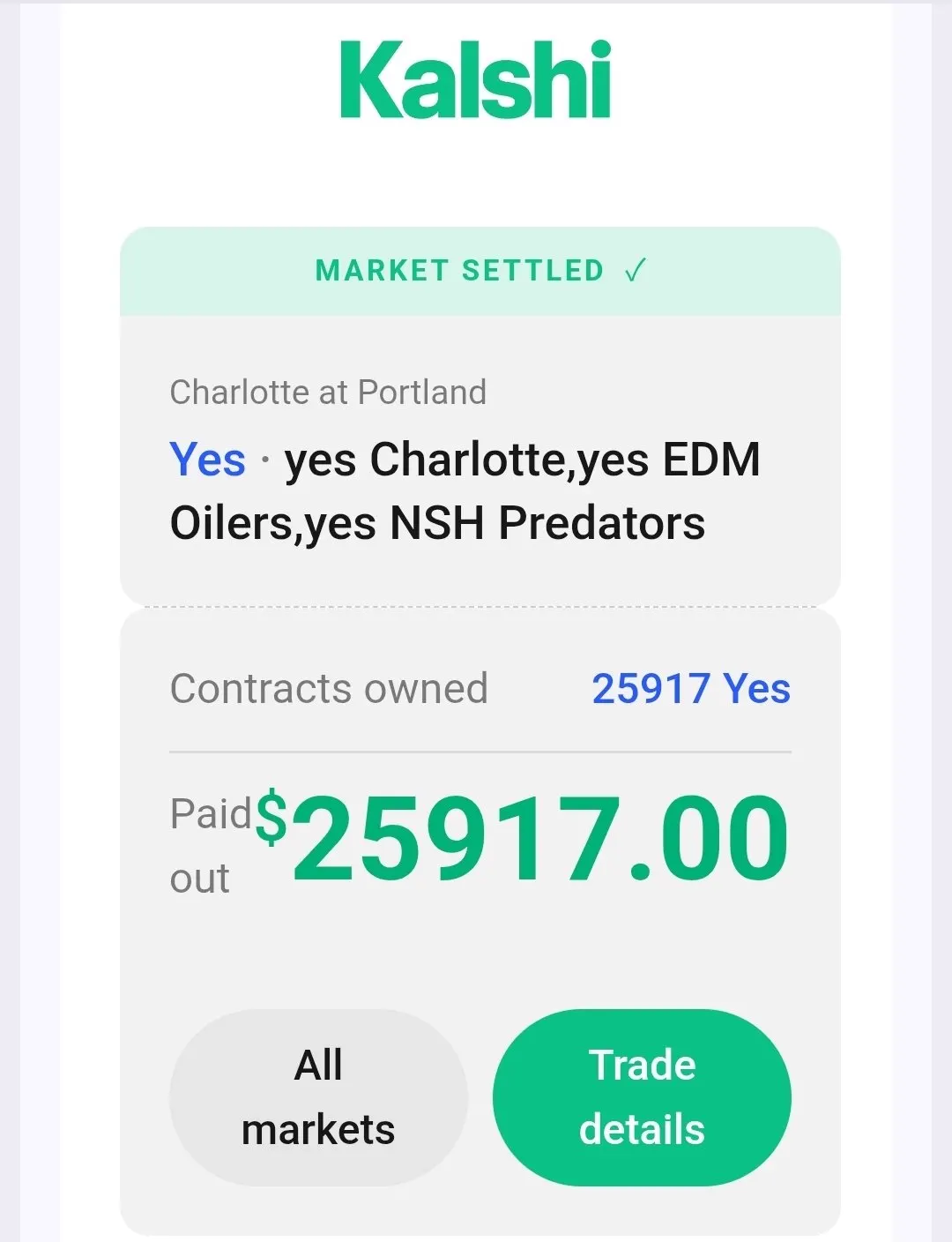 Kalshi prediction market settled, paid out $25,917