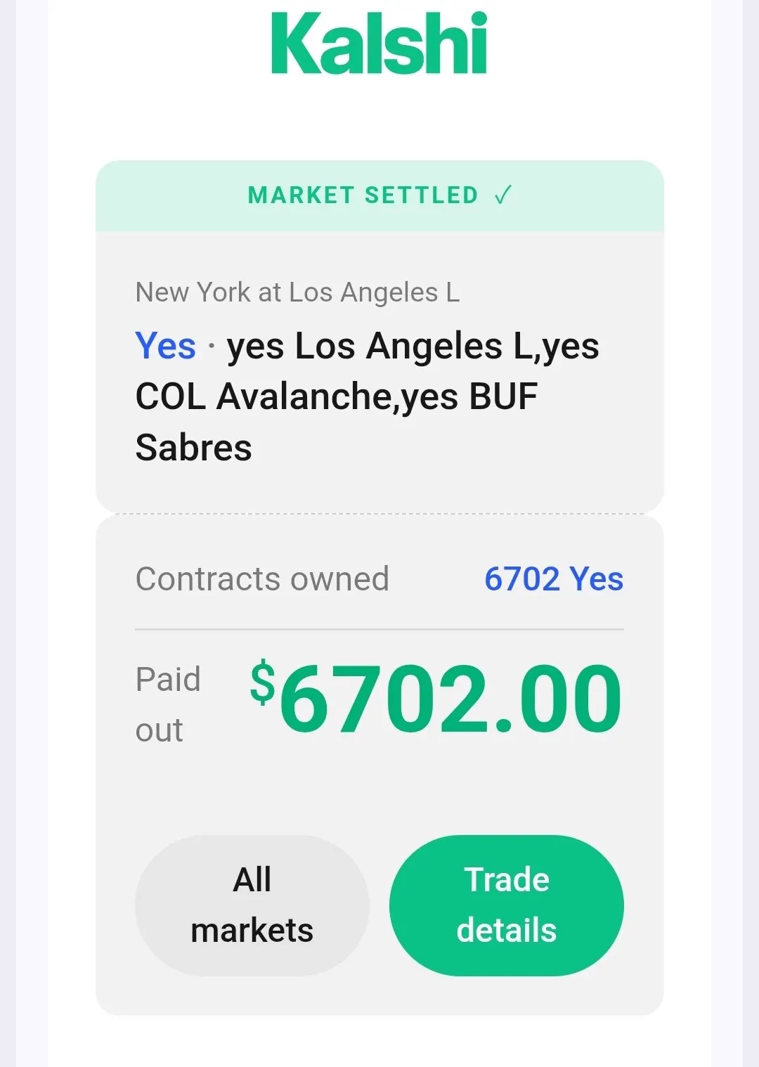 Kalshi prediction market settled, paid out $6,702