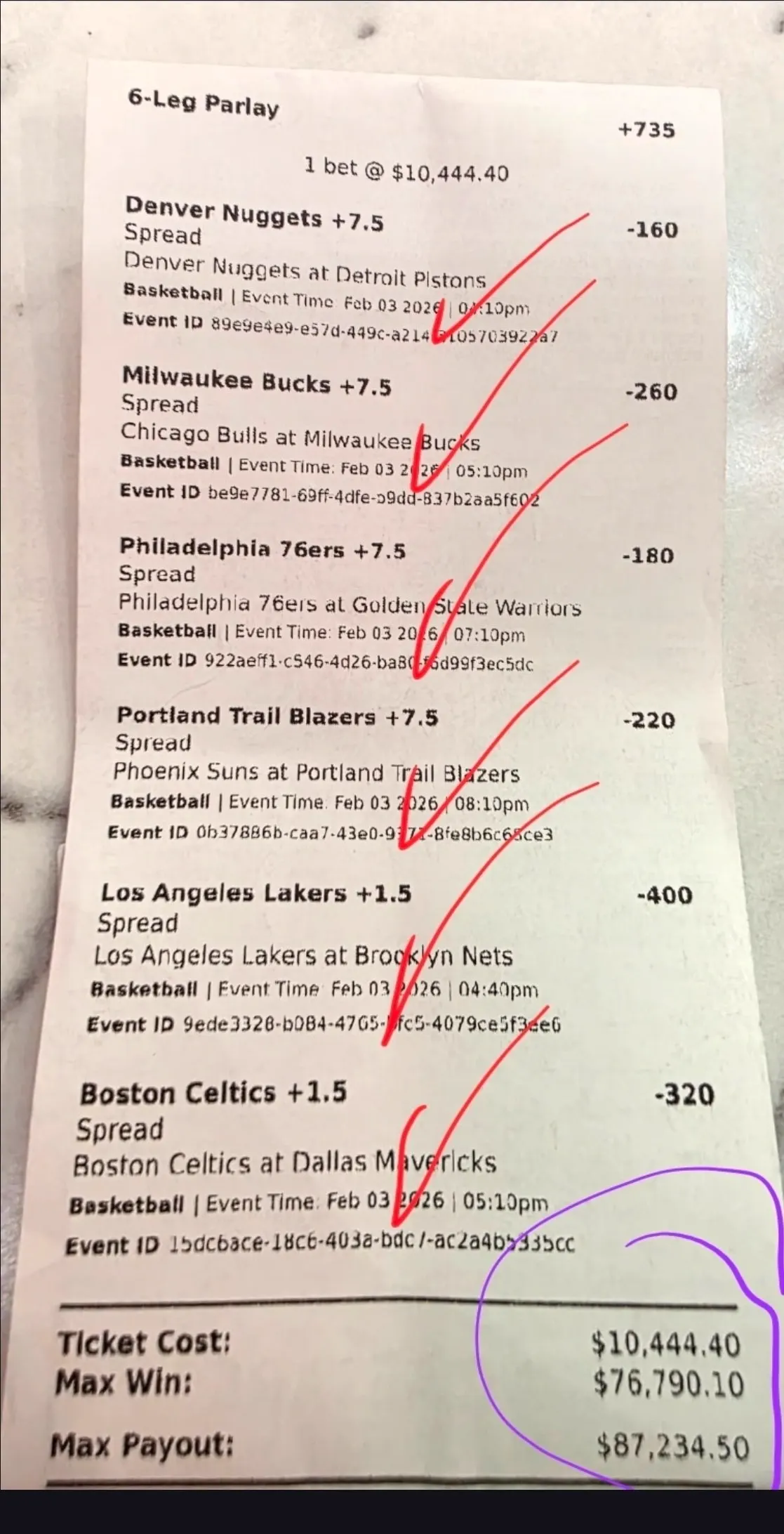 Six-leg NBA parlay, $87,234.50 max payout, all legs marked as hits