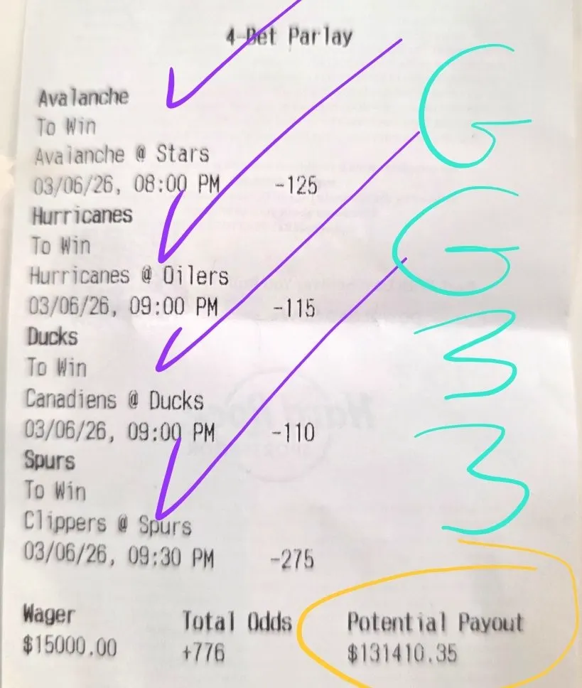 Four-team parlay ticket, $131,410.35 potential payout, all legs marked as hits